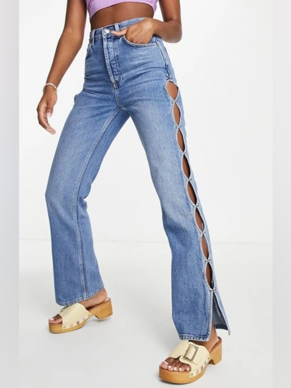 Topshop Kort High Waist Keyhole Straight Leg Jeans In Blue